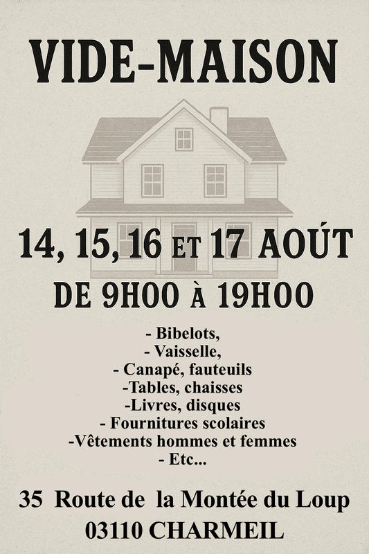 Vide-maison à Charmeil (03110) – 35 route de la montée du Loup